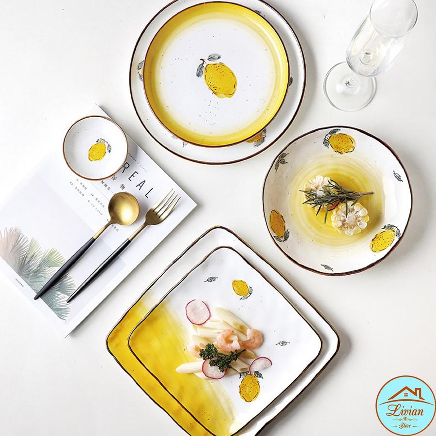 Đĩa sứ trắng, đĩa sứ trang trí họa tiết chanh vàng tươi tắn nhiều kích thước