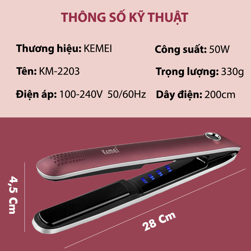 Máy duỗi tóc cao cấp Kemei KM-2203 điều chỉnh 4 mức nhiệt độ có màn hình LCD hiển thị phù hợp sử dụng mọi loại tóc