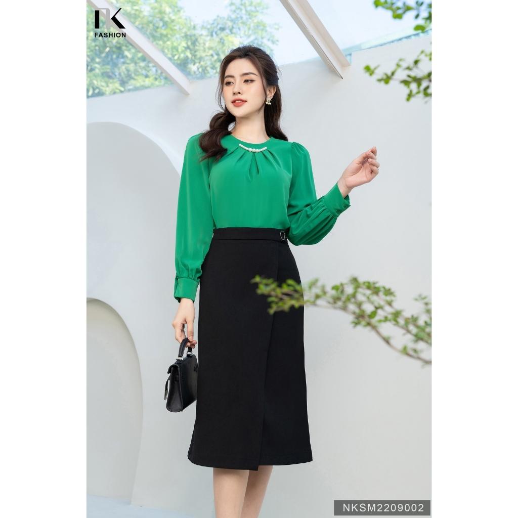 Áo Sơ Mi Công Sở Dài Tay Cổ Đính Dây Ngọc NK FASHION Chất Vải Lụa Hàn Cao Cấp, Mềm Mại NKSM2209002