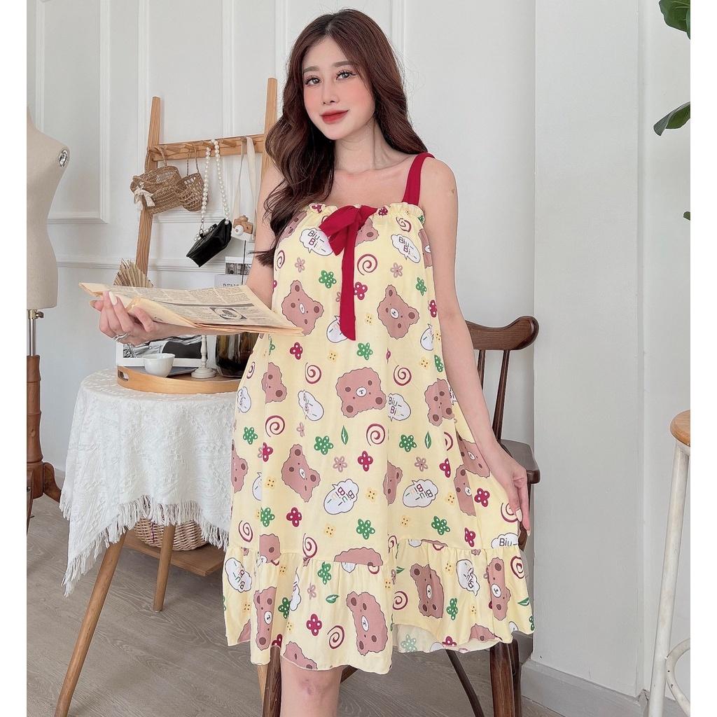 Váy mặc nhà - 2 dây cột -chất liệu cotton-mềm- mát -mịn