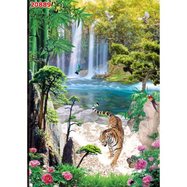 Tranh dán tường 3D Vải Lụa phong cảnh Hổ