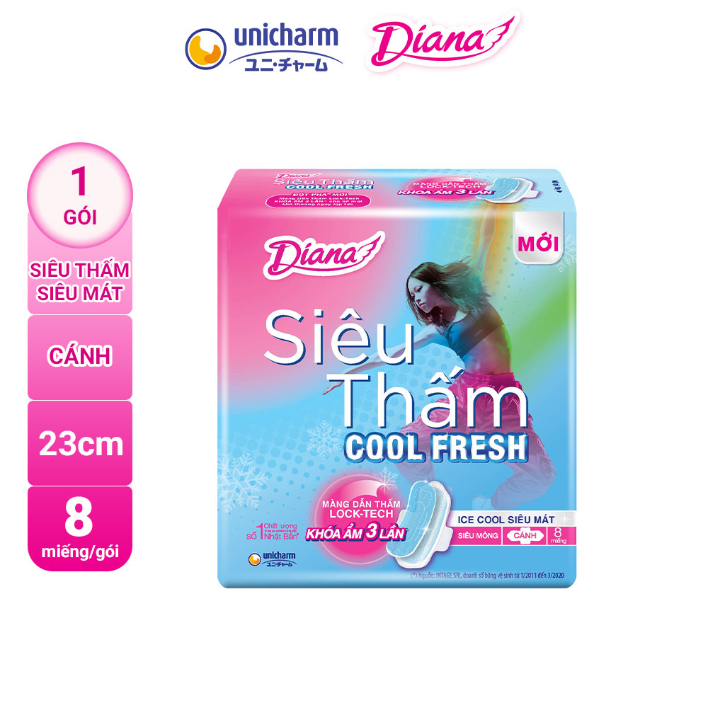 Băng Vệ Sinh Diana Siêu Thấm Cool Fresh Siêu Mỏng Cánh 8 Miếng/Gói