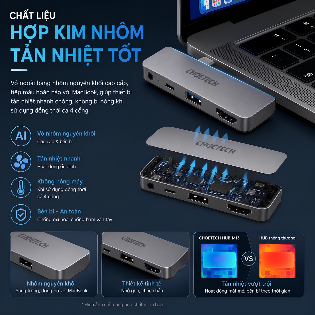 Hub Chuyển Cổng Type C 4 in 1 thông minh đa năng OMNIDOCK 4K PRO CHOETECH HUB-13 HDMI 4K@60Hz, PD Type C 60W USB 3.0 AUX 3.5mm Cho iPad Laptop MacBook - Hàng nhập khẩu