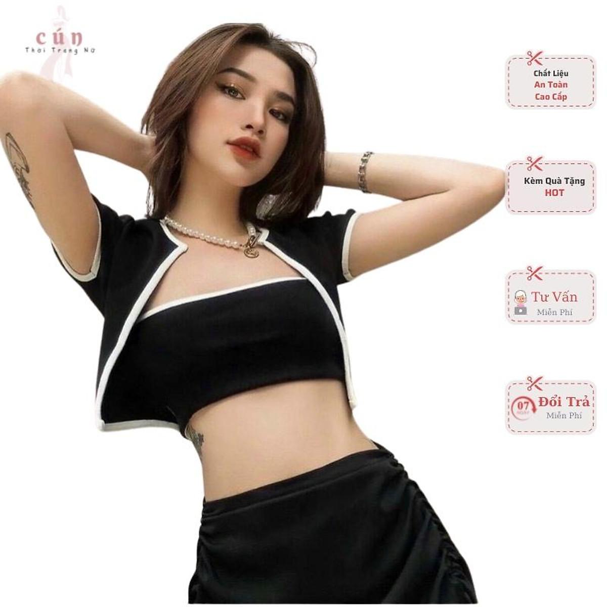 Sét áo kiểu croptop tay ngắn phối áo ống from dưới 53kg thời trang mẫu hót hè aloha - Đen