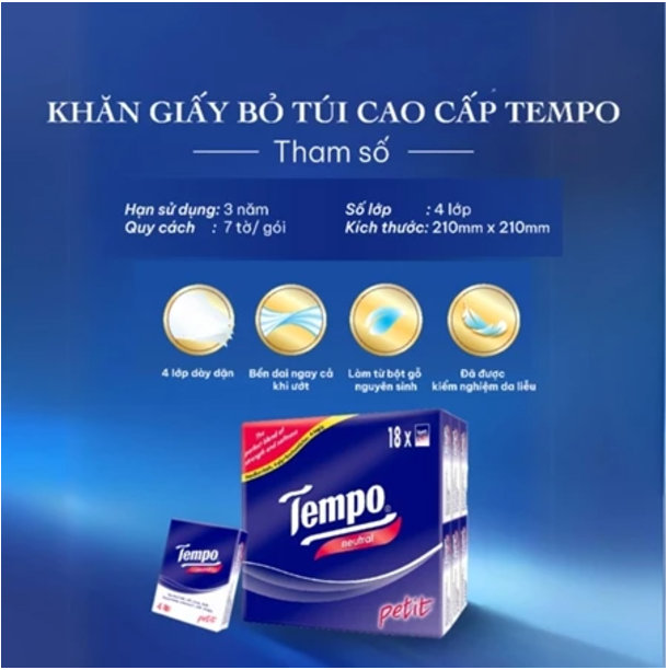 [MUA 3 LỐC TẶNG 1 LỐC GIẤY BỎ TÚI REGULAR MÙI NGẪU NHIÊN] Khăn Giấy Bỏ Túi Cao Cấp Tempo Petit (18 Gói/Lốc) - 4 lớp bền dai, an toàn cho da - Thương hiệu Đức
