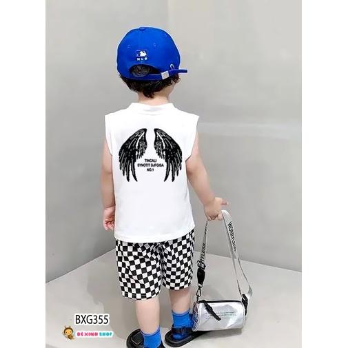 Bộ Áo Sát Nách In Nón Quần Caro Dễ Thương Cho Bé Trai