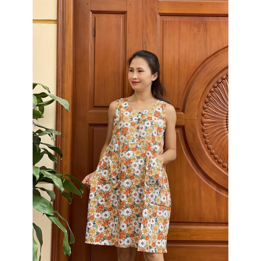 Váy lanh bầu 4 KHUY có túi - Đầm bầu sát nách mặc ngủ và mặc nhà dễ thương V4K