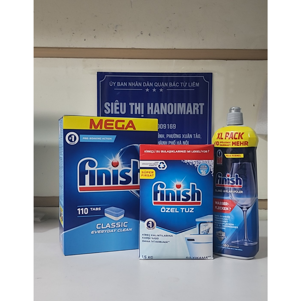 COMBO viên rửa bát finish 120 viên + Muối rửa bát finish 1.2kg + nước làm bóng finish 800ml