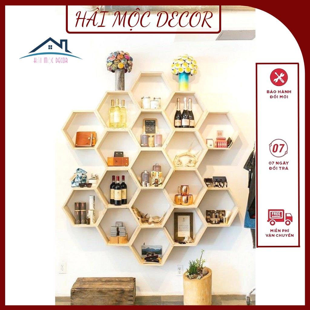 Kệ gỗ treo tường Hải Mộc Decor kệ treo tường tổ ong lục giác chống ẩm 100%, trang trí phòng khách, phòng ngủ quán cafe