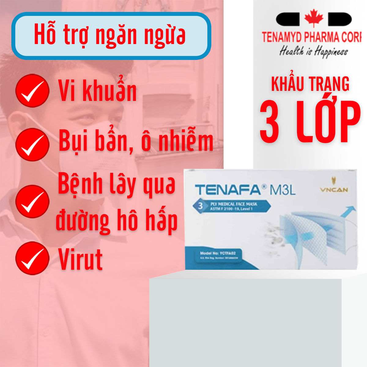 Khẩu Trang Y Tế 3 Lớp Hộp 50 Cái Màu Xanh Chính Hãng Tenamyd Lớp Vi Lọc Thấu Khí Polypropylene