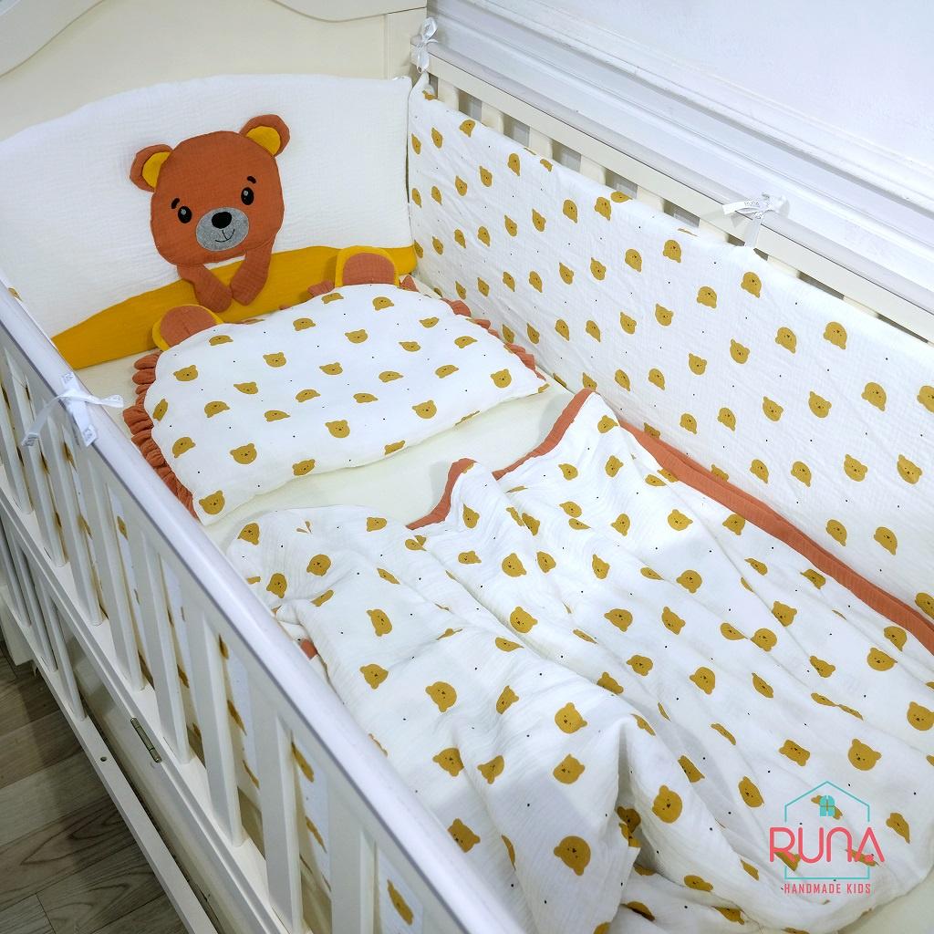 Bộ 4 tấm quây cũi cho bé RUNA KIDS chất liệu muslin cao cấp mềm mại thoáng khí thấm hút mồ hôi họa tiết gấu con đáng yêu