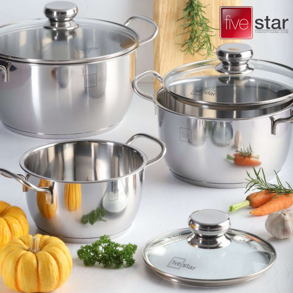 Bộ 3 Nồi Inox 3 Đáy 5 Ngôi Sao Royal Cool vung kính gồm 3 size 16cm, 20cm và 24cm