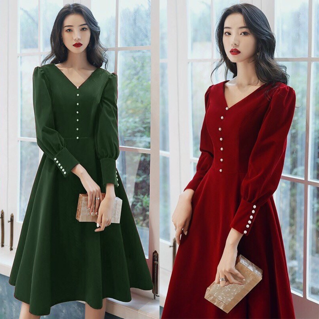 Đầm xoè cổ V đính nút tay dài