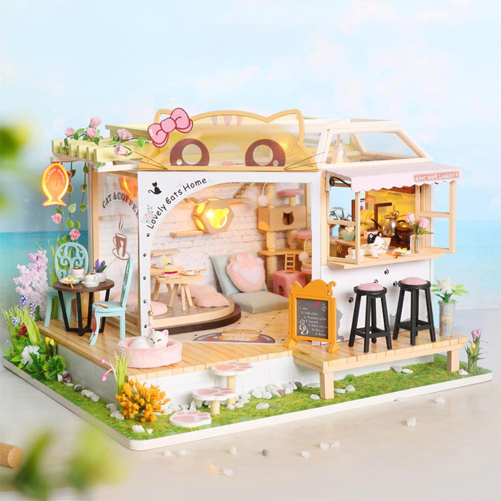 DIY Creative Dollhouse Cat Coffee Shop Kit LED Light Wooden 3D Puzzles