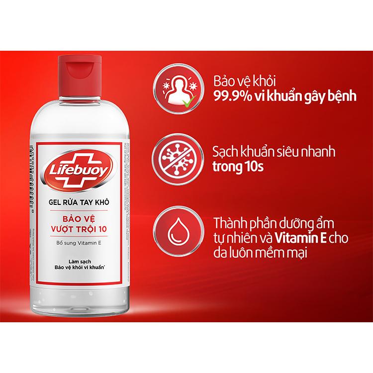 COMBO 3 Gel Rửa Tay Khô Lifebuoy Bảo vệ vượt trội 10 (Đỏ) Bổ Sung Vitamin E Chai 90ml x 3