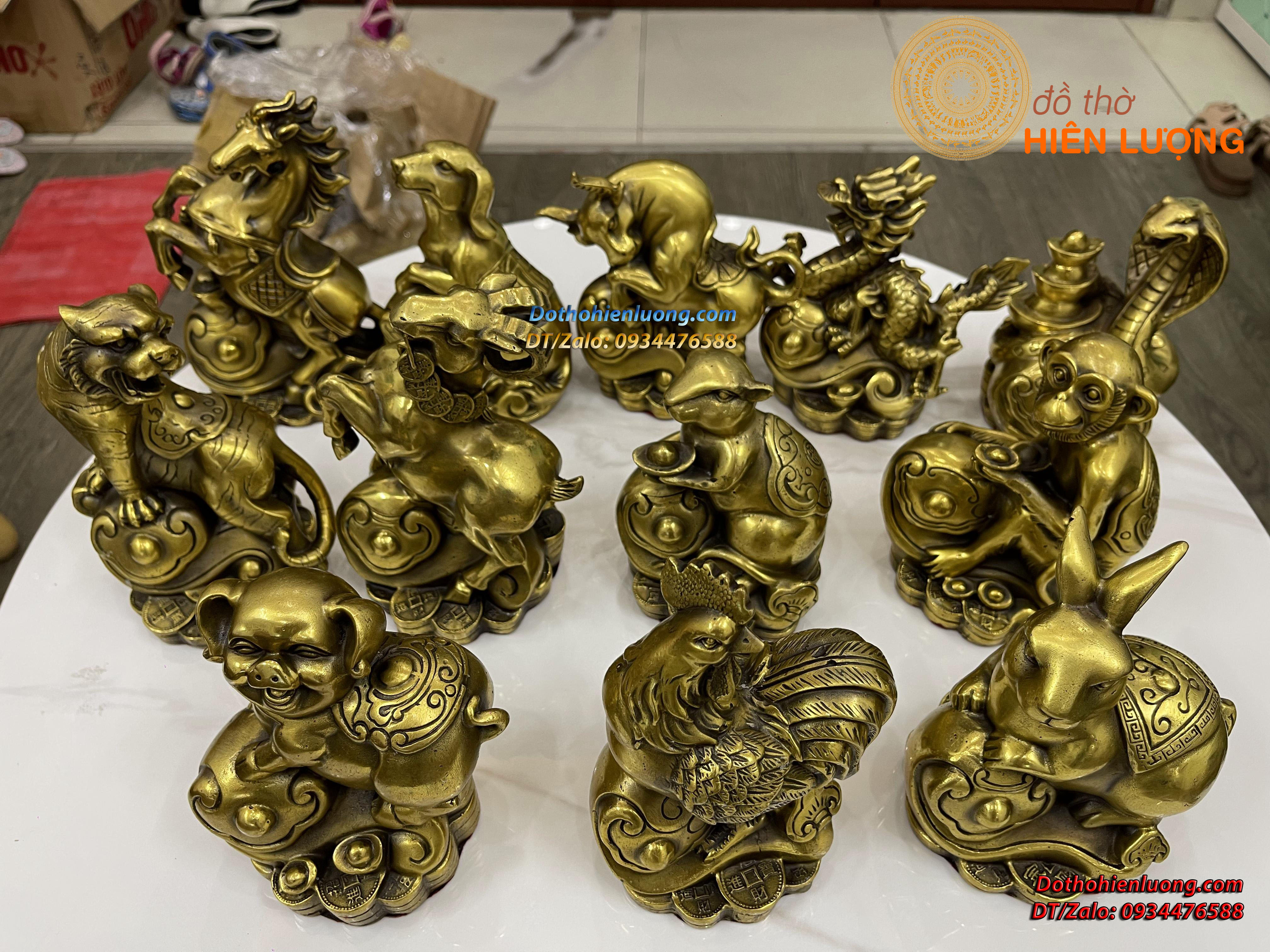 Bộ Tượng 12 Con Giáp Màu Vàng Bằng Đồng Nguyên Chất Cao Trung Bình 14cm, Nặng 9kg/bộ - Đồ Thờ Hiên Lượng