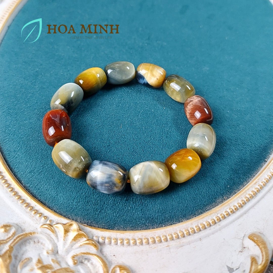 Vòng tay đá Mắt Hổ tam tài VIP thiên nhiên kiểu lu thống size 12x16mm phong thủy tài lộc