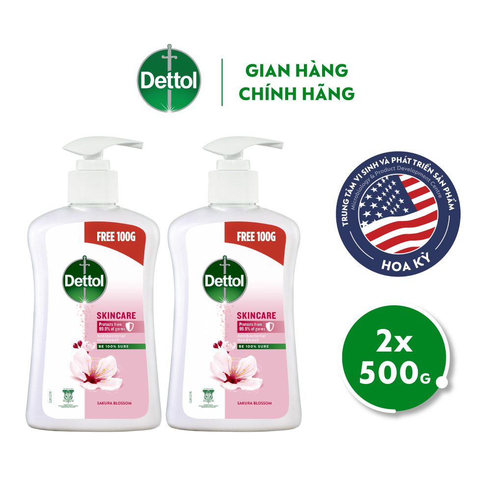 Combo 2 nước rửa tay Dettol kháng khuẩn chăm sóc da - Chai 500g