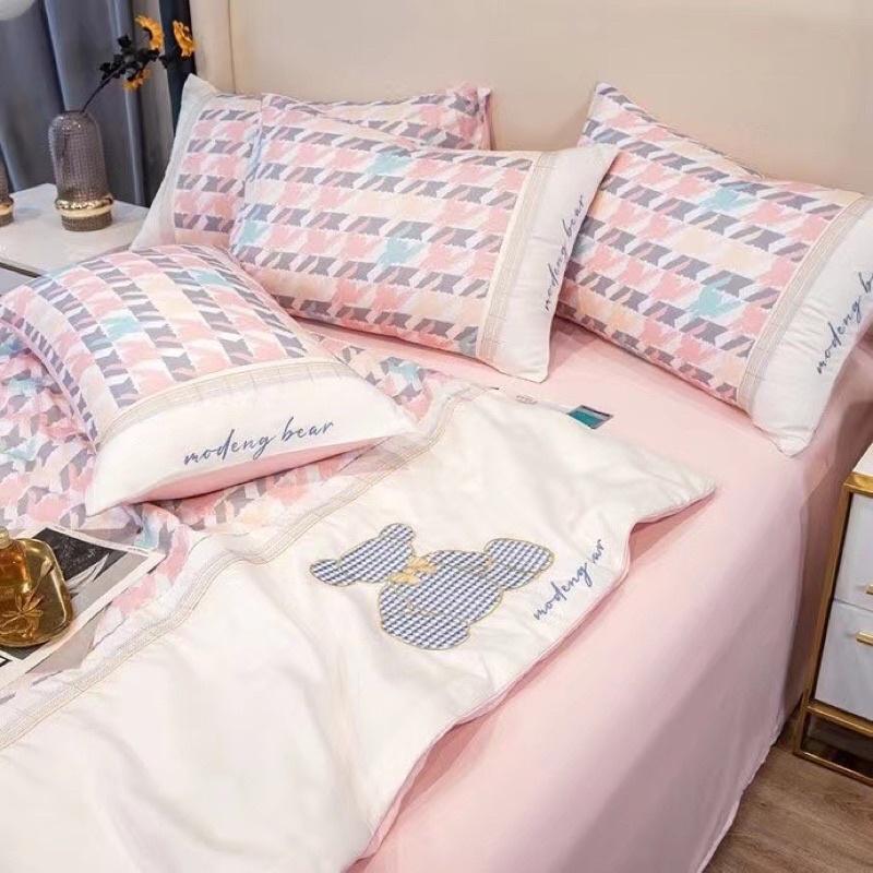 Bộ Chăn Ga Gối Lụa Phi Thêu Gấu teddy Hàng Nhập Khẩu Cao Cấp 4 món