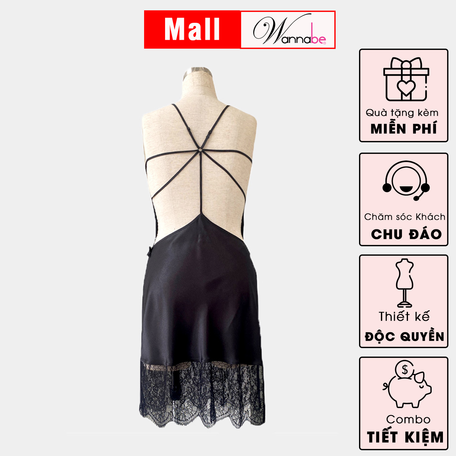 Đầm ngủ phi lụa cao cấp Wannabe DNS20 hở lưng đan dây gợi cảm quyến rũ