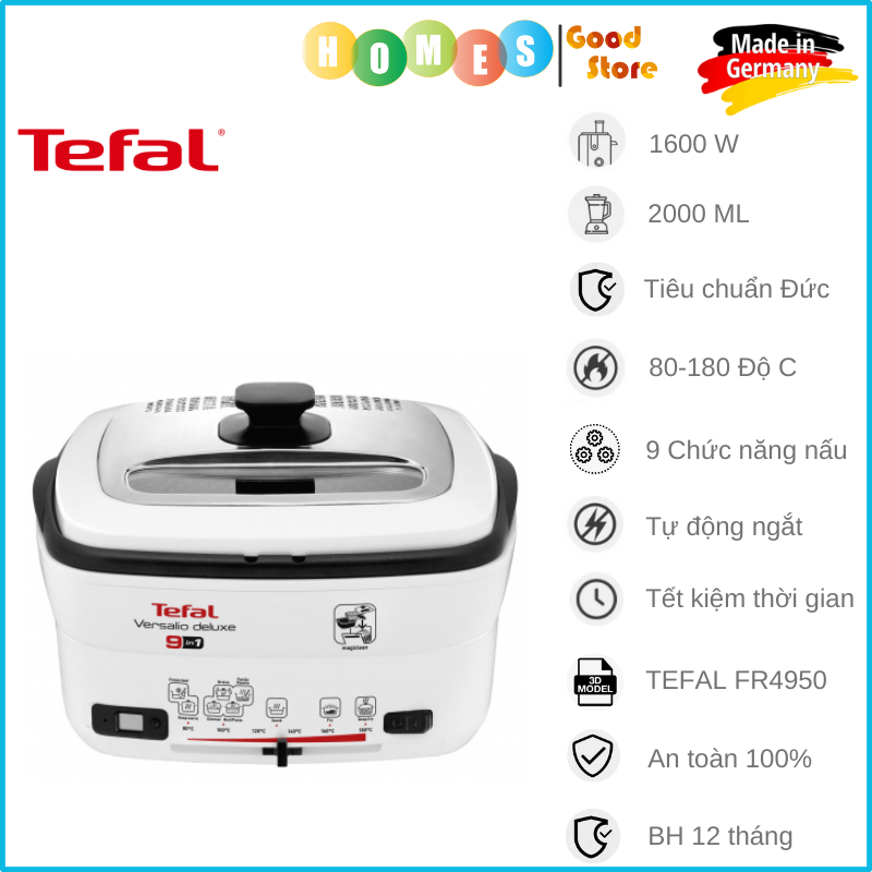 Nồi Điện Đa Năng, Nồi Lẩu Đa Năng TEFAL FR4950, Nhập Khẩu Đức Chiên, Xào, Rán, Rã Đông Dung Tích 2L, Công Suất 1600W - Hàng Nhập Khẩu