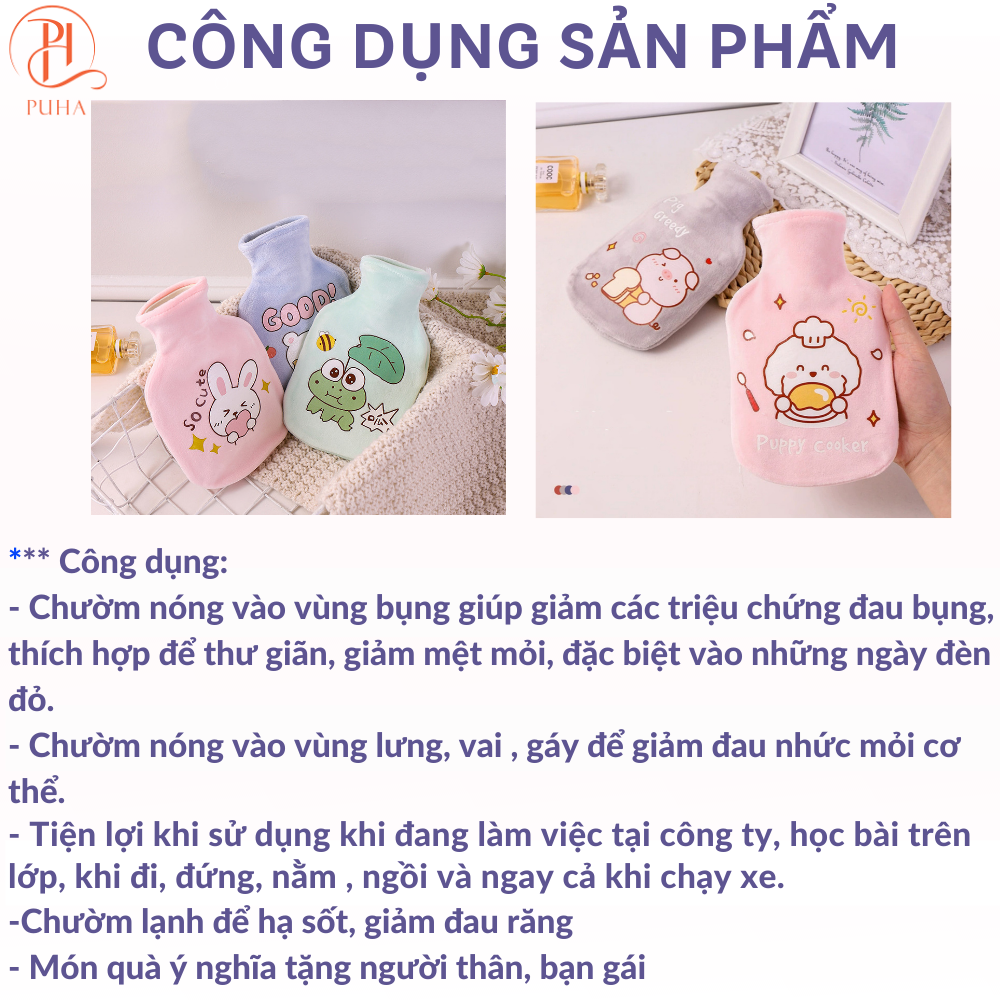 Túi chườm nóng lạnh PUHA 350ml, túi chườm sưởi ấm giảm đau bụng kinh họa tiết dễ thương