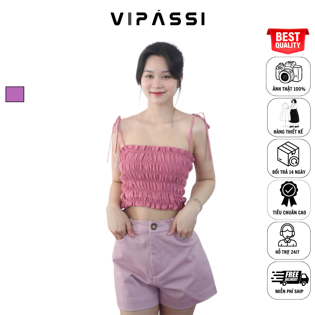 VIPÁSSI Áo Hai Dây Cotton Ôm Body Ngắn Ngang Eo Nhún Thun Smocking Hồng