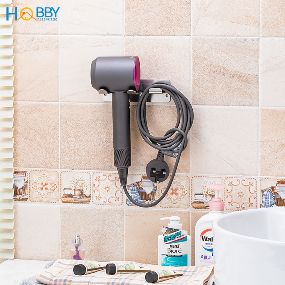 Giá treo máy sấy tóc và phích cắm HOBBY Home Decor MS3PC dán tường gạch men - chuẩn Inox 304 và kèm keo dán