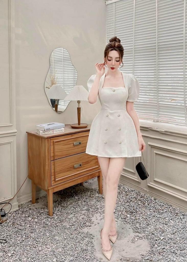 ĐẦM XÒE CỔ VUÔNG TAY PHỒNG KẾT NÚT 14127