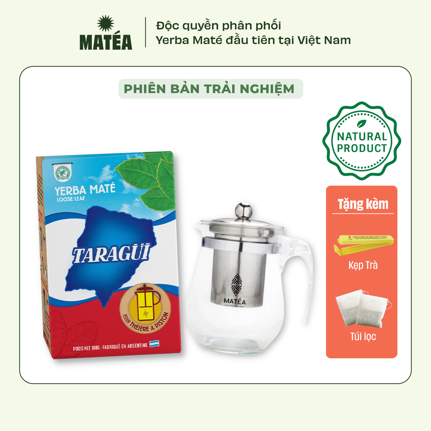 [COMBO] Trà Yerba Maté Original Túi Nhỏ 180g - Vị Truyền Thống + Bình Thủy Tinh Tiện Lợi