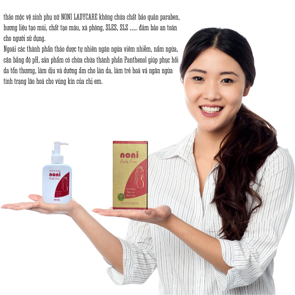 Dung dịch vệ sinh phụ nữ từ thảo dược Noni Ladycare chai 185ml - Hỗ trợ giảm nấm ngứa, giảm thâm, giảm mùi. Tinh chất bạc hà the mát tạo hưng phấn, lá trầu không hỗ trợ kháng khuẩn