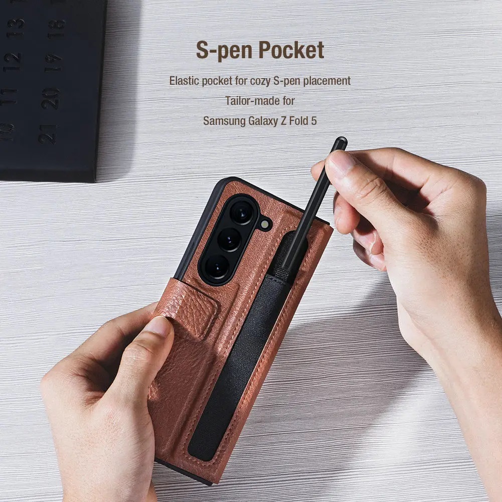 Case bao da chống sốc cho Samsung Galaxy Z Fold 5 trang bị ngăn đựng S-Pen hiệu Nillkin Aoge Leather Cover Case (bảo vệ máy cực tốt, chất liệu da thật cao cấp, thiết kế thời trang cá tính) - hàng nhập khẩu