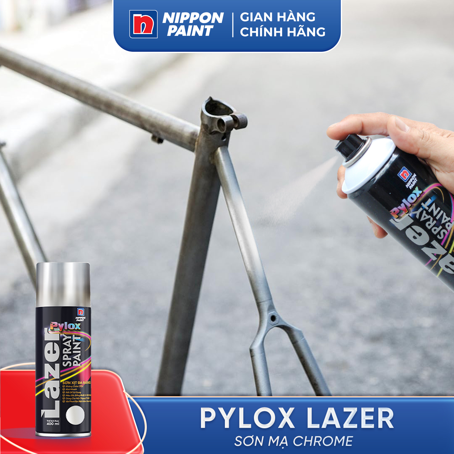 Hình ảnh Sơn xịt đa năng Pylox Lazer -Màu mạ Chrome - R-3012 BRIGHT CHROME- Chính hãng NIPPON PAINT - Dung tích 400ml