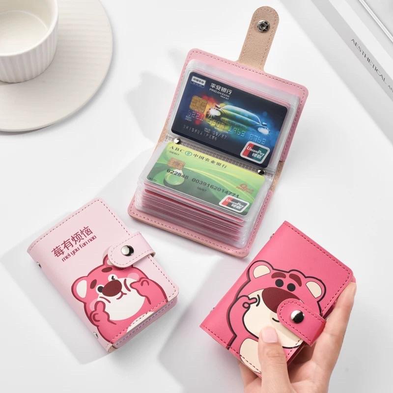 Ví gấu dâu nhiều ngăn đựng thẻ, card, CMND đa năng có khoá bấm - Ví ngắn gấu losto hồng cute