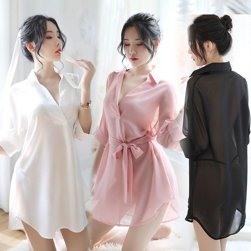 Váy ngủ sexy - Đầm ngủ sexy voan mỏng kiểu áo choàng sơmi, quần chip và thắt dây