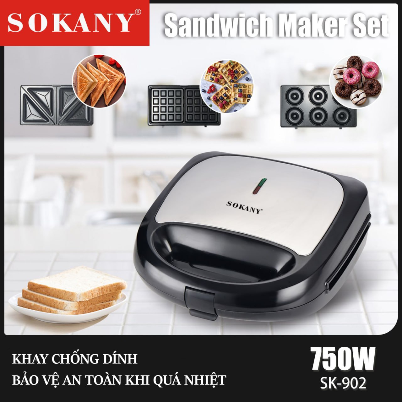 Máy nướng bánh mì, máy kẹp bánh mì sandwich đa ngăng SOKANY công suất 800W -HÀNG CHÍNH HÃNG- DELIYA