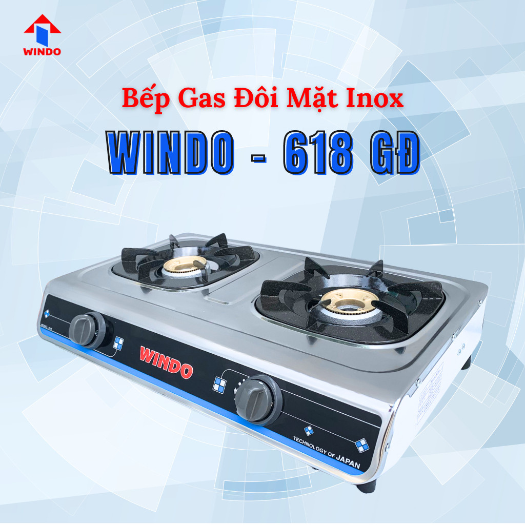 Bếp Gas Đôi WINDO - 618 Điếu Gang Đơn Mặt Inox -Bếp gas đôi 6 tấc điếu gang - Tiết kiệm gas- Hàng chính hãng