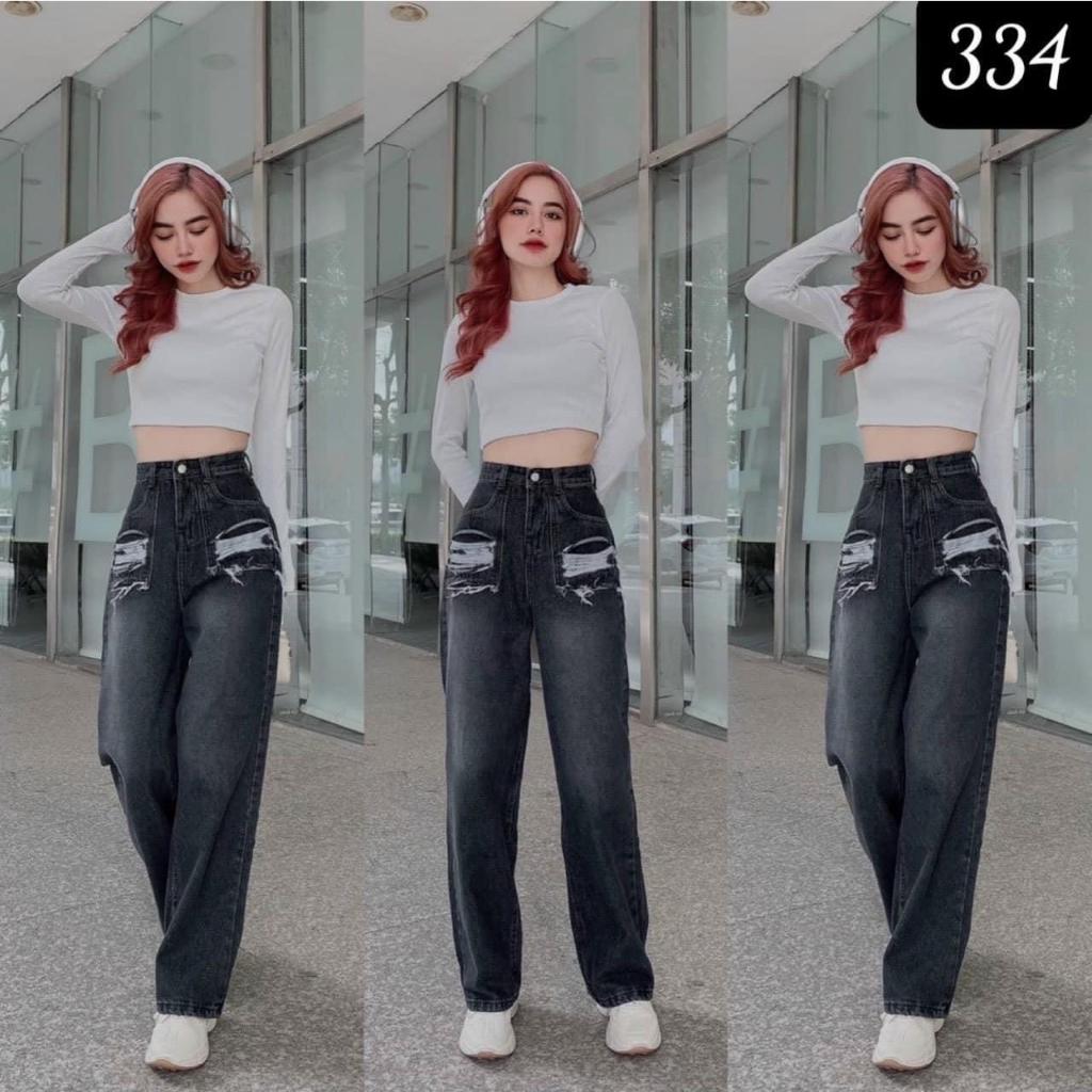 Quần baggy jean lưng cao ống suông chất cotton dày mềm ít co giãn