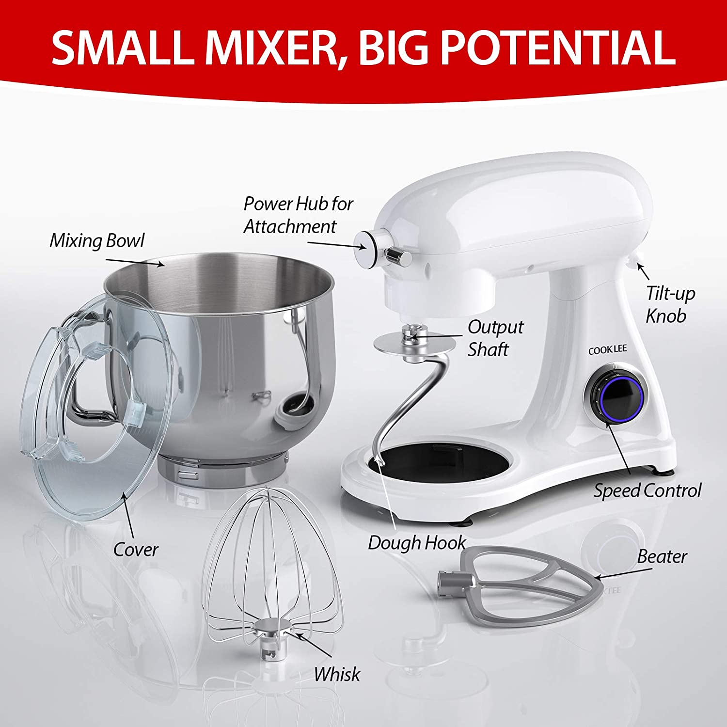 Máy nhào bột Cooklee thân kim loại 8L 1800W SM-1522YM- trộn được 1,2 kg bột khô - Bánh răng kim loại cao cấp - hàng chính hãng UK, Đức nhập khẩu