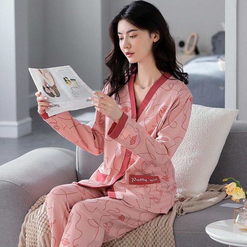 7585 - Bộ Pijama dài tay mẹ cho con bú, thiết kế ưu việt có xẻ khe cho bé bú rất tiện lợi, lịch sự cho mẹ, size M-2XL