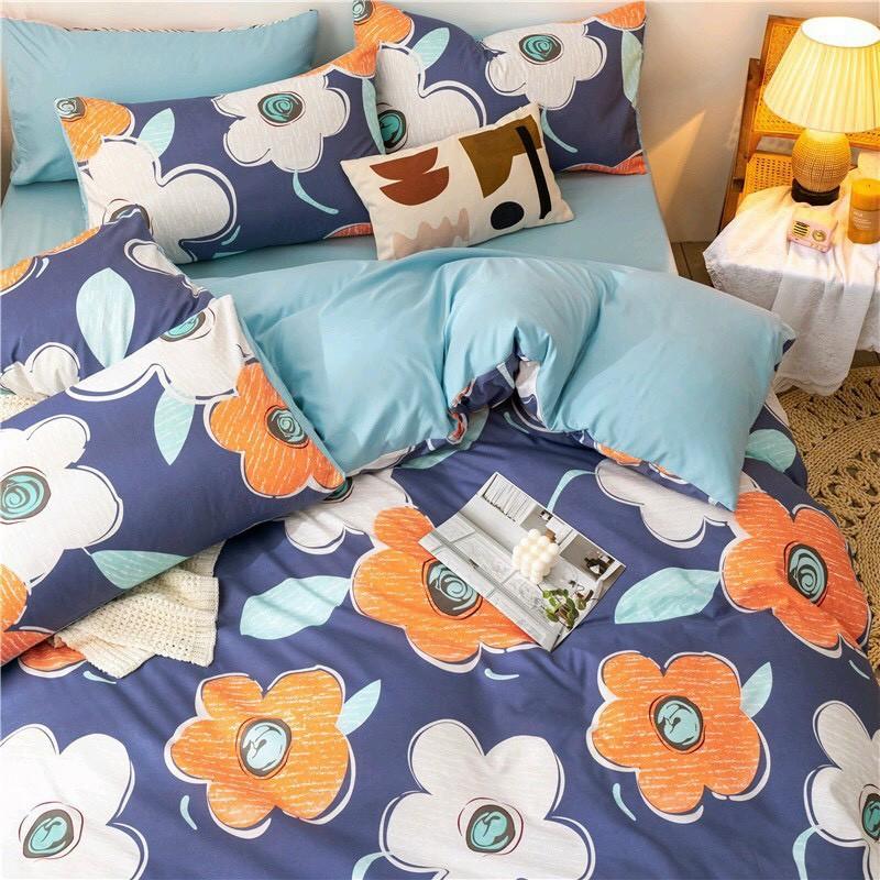 Bộ chăn ga Cotton Poly Hoa cam trắng phối ga xanh - Hàng nhập khẩu