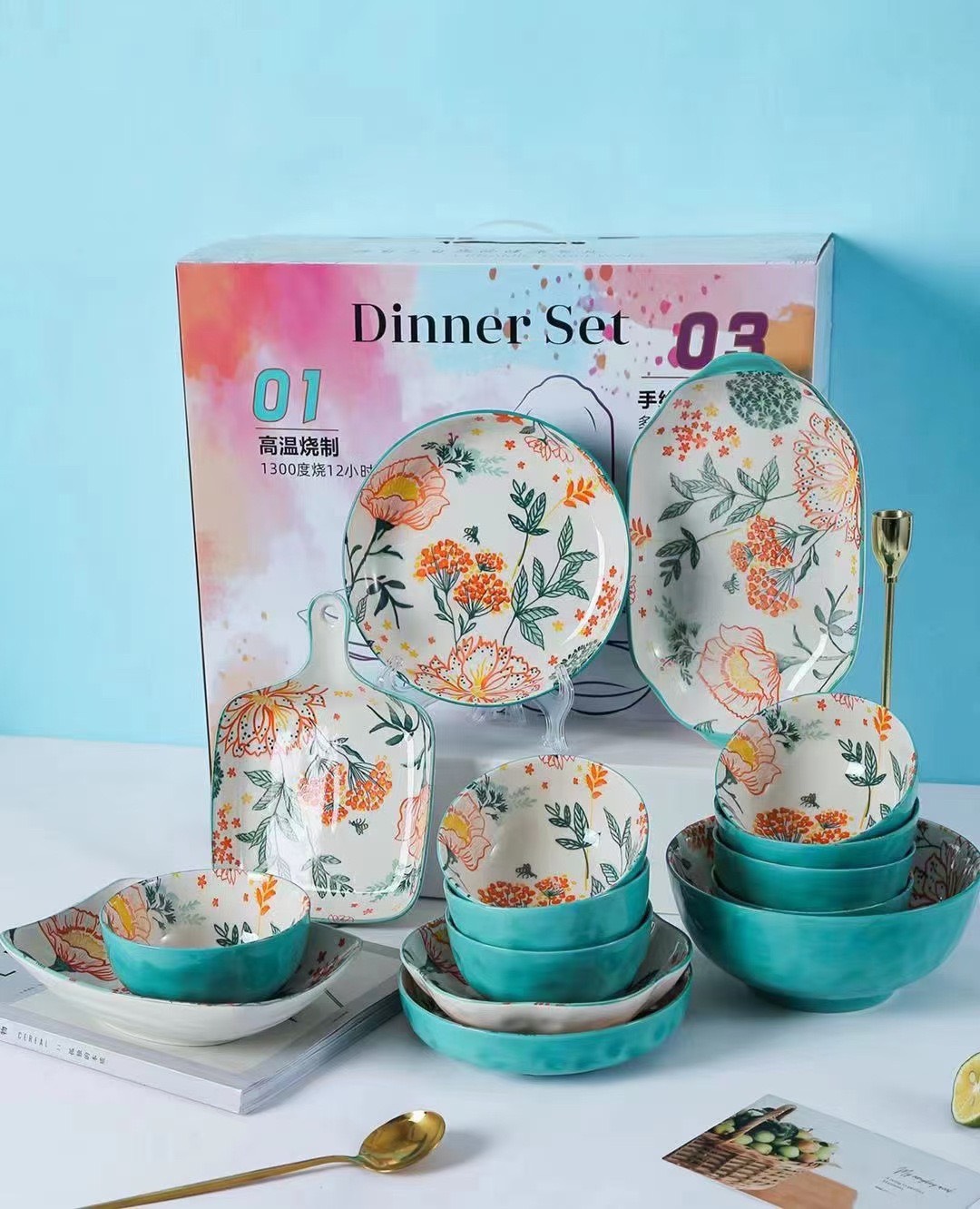 Bộ set 16 món Dinner hoa cam dành cho gia đình hoa văn thổ cẩm vẽ tay ( có hộp qua  tặng)