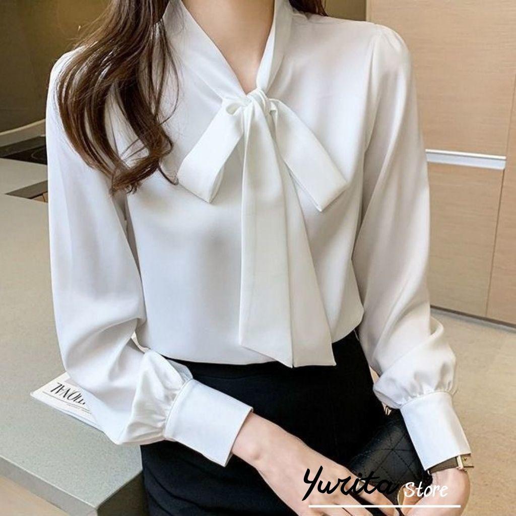Áo Sơ Mi Nữ Kiểu Công Sở Đẹp YURITA Tay Dài Cổ Thắt Nơ Tay Chất Lụa Cao Cấp From Rộng Kiểu Dáng Hàn Quốc Ulzzang Vintage