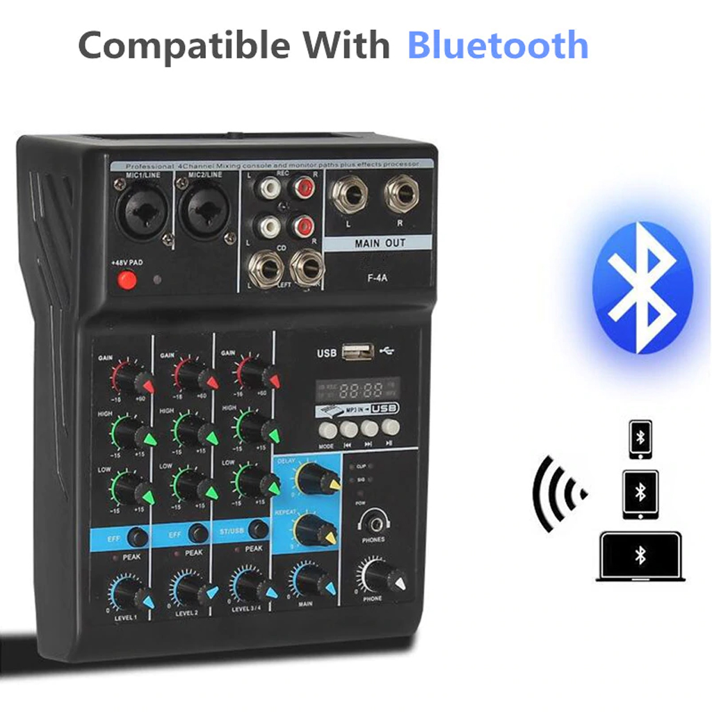 Bộ Mixer Âm Thanh F4-A Trộn Âm Thanh 4 Kênh Hỗ Trợ Bluetooth Hát Karaoke Chuyên Nghiệp PD