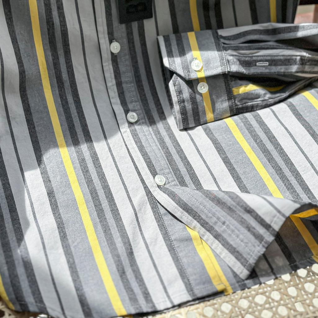 Áo Sơ Mi Nam Dài Tay Phối Sọc BY COTTON Dark Grey Yellow Stripes Shirt