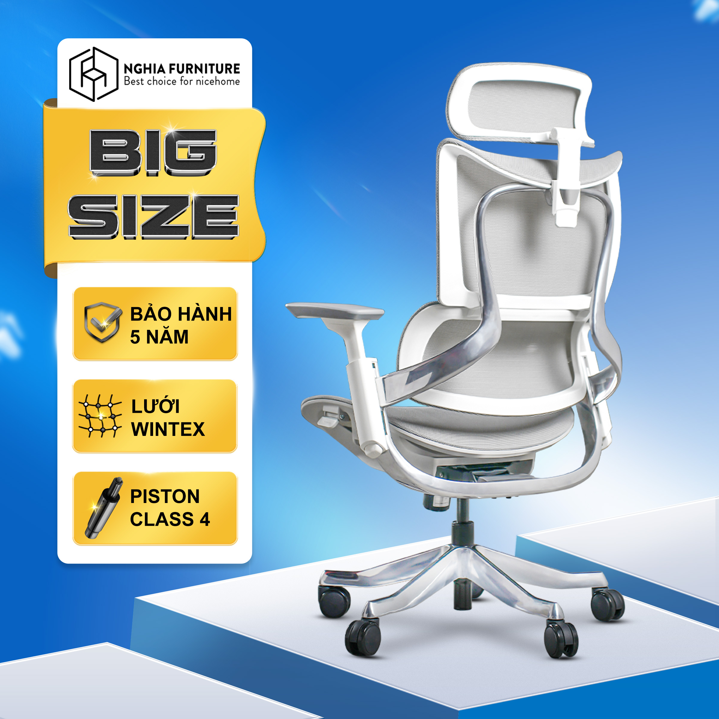 Ghế công thái học Nghia Furniture MAZA, Khung nhôm nguyên khối, lưới Wintex Hàn Quốc, Piston class 4 Samhongsa Hàn Quốc