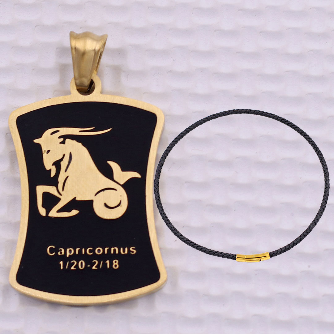 Mặt dây chuyền cung Ma Kết - Capricorn inox vàng kèm vòng cổ dây da đen, Cung hoàng đạo