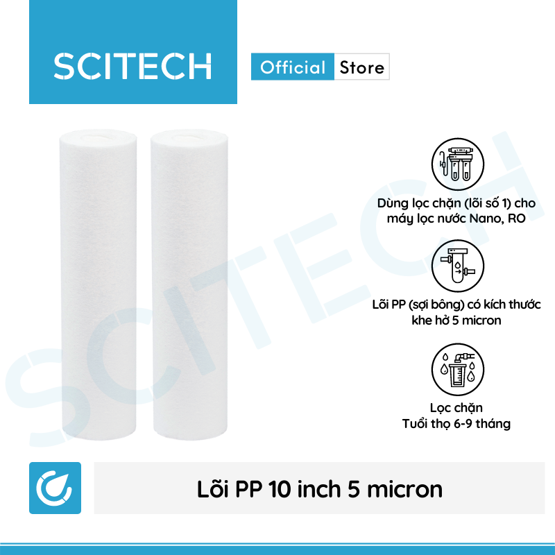 Combo 2 lõi lọc PP 10 inch 5 micron - Lõi số 1 máy lọc nước Nano/UF/RO, bộ lọc thô - Hàng chính hãng