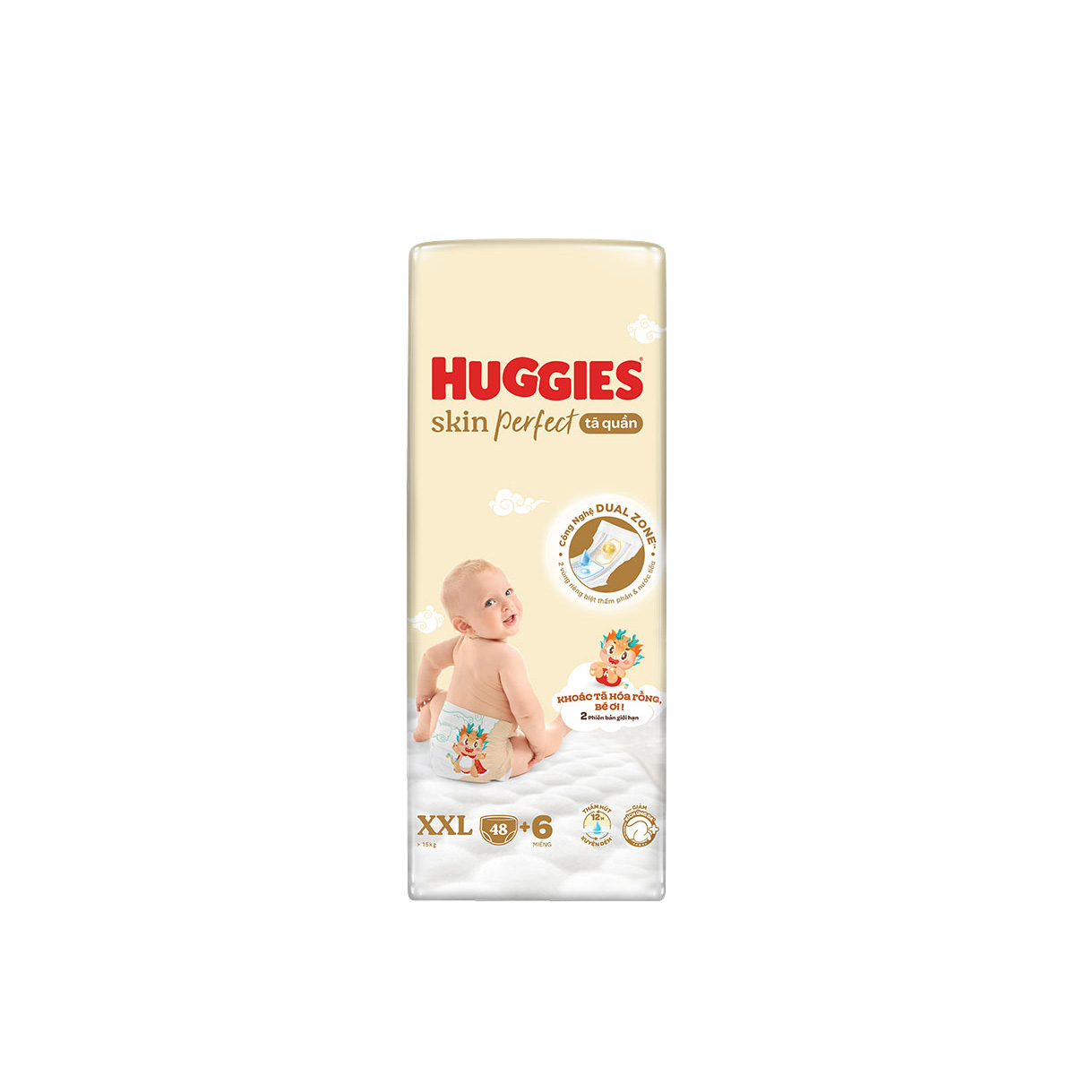 Tã quần Huggies Skin Perfect phiên bản Rồng giới hạn Super Jumbo XXL48+6 miếng với 2 vùng thấm giảm kích ứng da