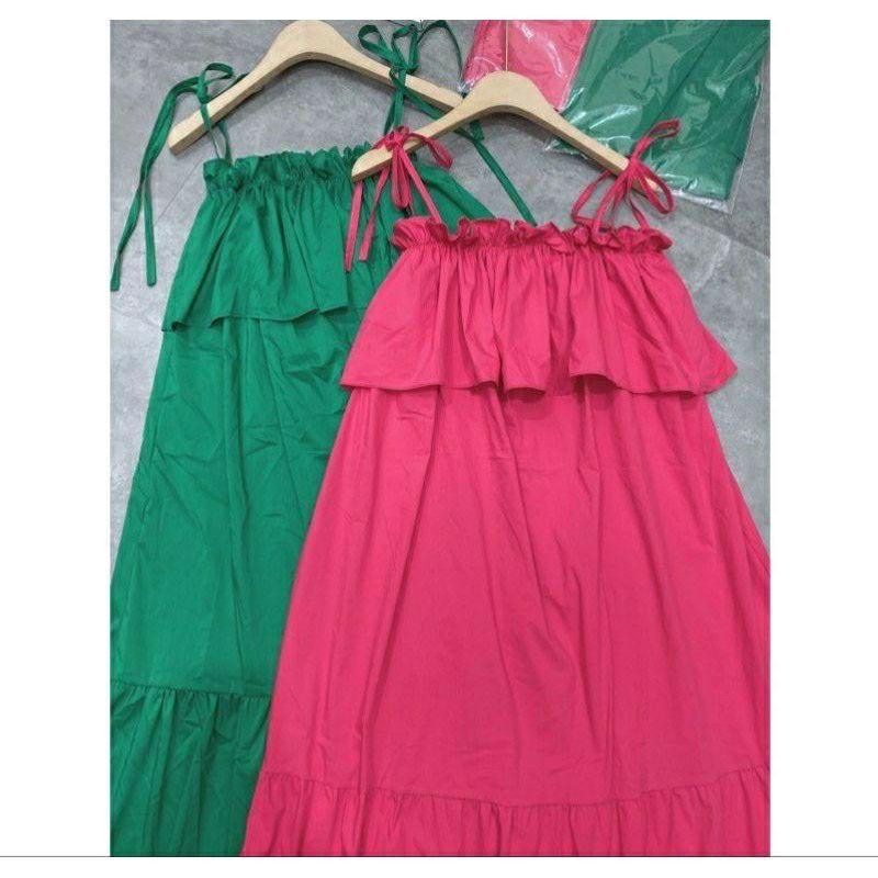 Váy 2 dây hồng babydoll bèo xòe, đầm thiết kế 2 dây đi biển, đầm 2 dây bầu mặc oki